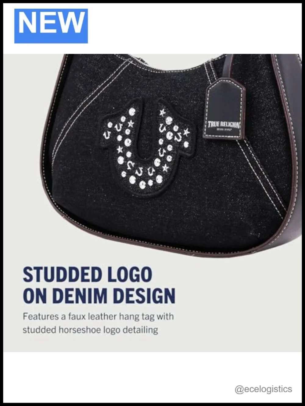 Hobo Bag Denim Studded Logo Silver Hardware Zip Top Adjustable Strap